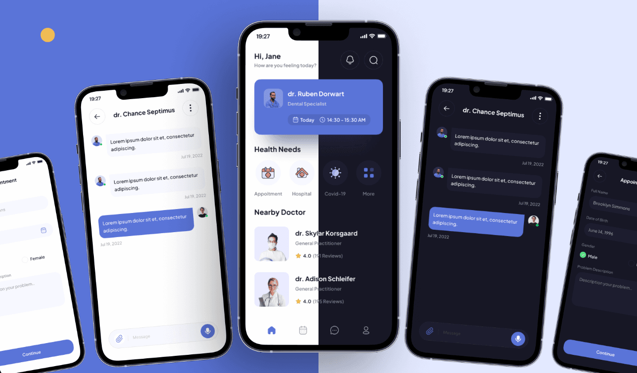 Clinic companion app interface screens