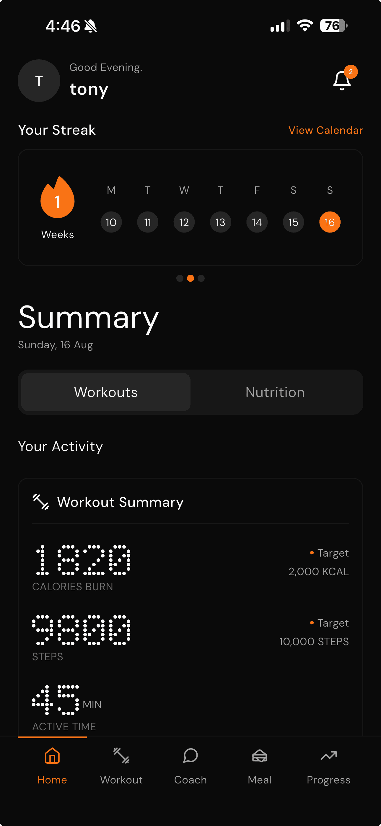 The Tonric training app home screen